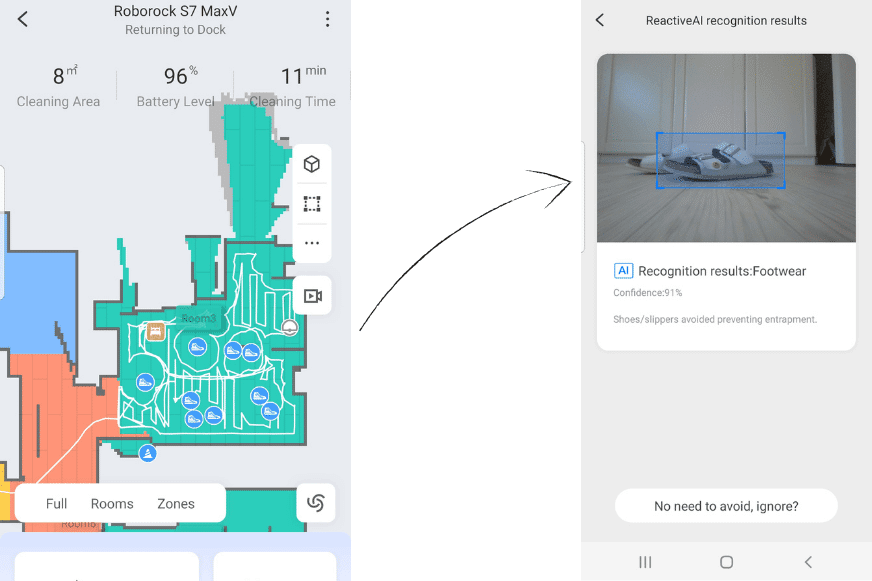 Durch den Roborock S7 MaxV als Hindernisse erkannte hohen Objekte sind in der Wohnungskarte eingezeichnet